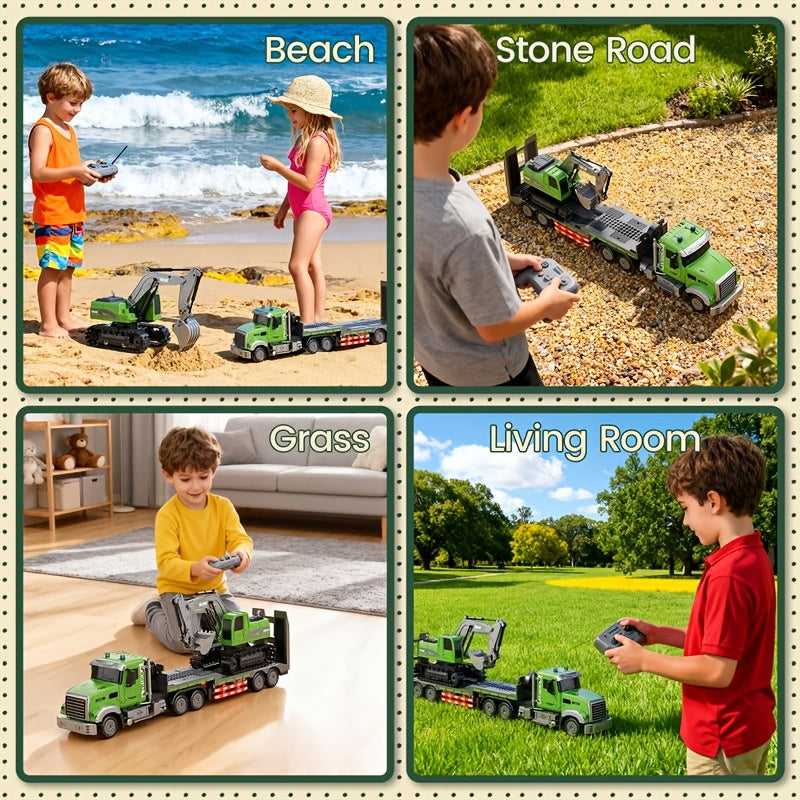RC Semi Truck with Flatbed Trailer & Alloy Excavator 1:12 Scale 11-Channel - Construction Vehicle Set with Lights Sound, Engineering Toy Gift for Boys Ages 3+