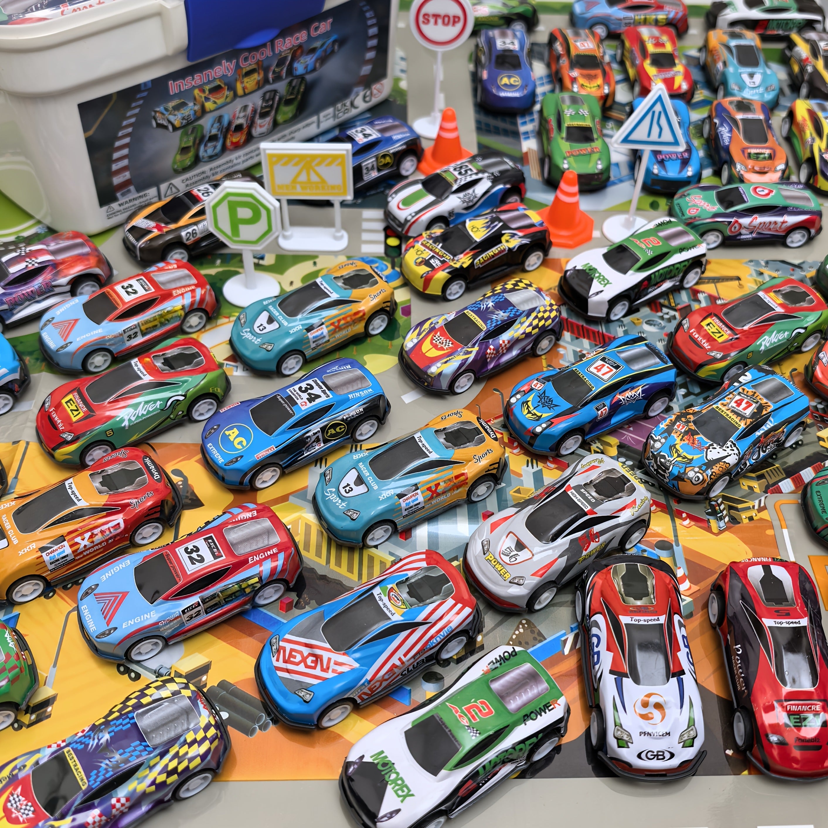 64pcs Mini Pull Back Toy Car Set 56 Vehicles City Map Traffic Signs Storage Box Kids Party Favors Boys Girls Ages 3+ Birthday Christmas Gift