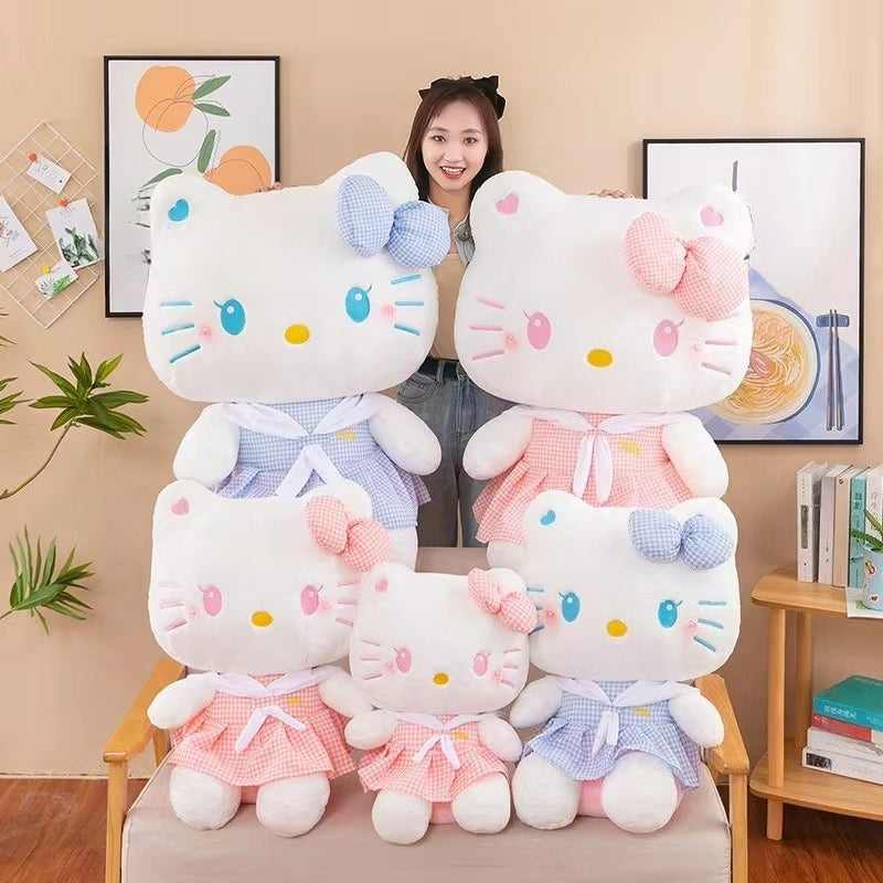 Hello Kitty Dress-Up Plush Stuffed Toy 13.78 Inch – Oversized Sanrio KT Cat Soft Doll, Home Decor Plushie, Birthday Gift for Girls, Pink Plaid & Blue Plaid