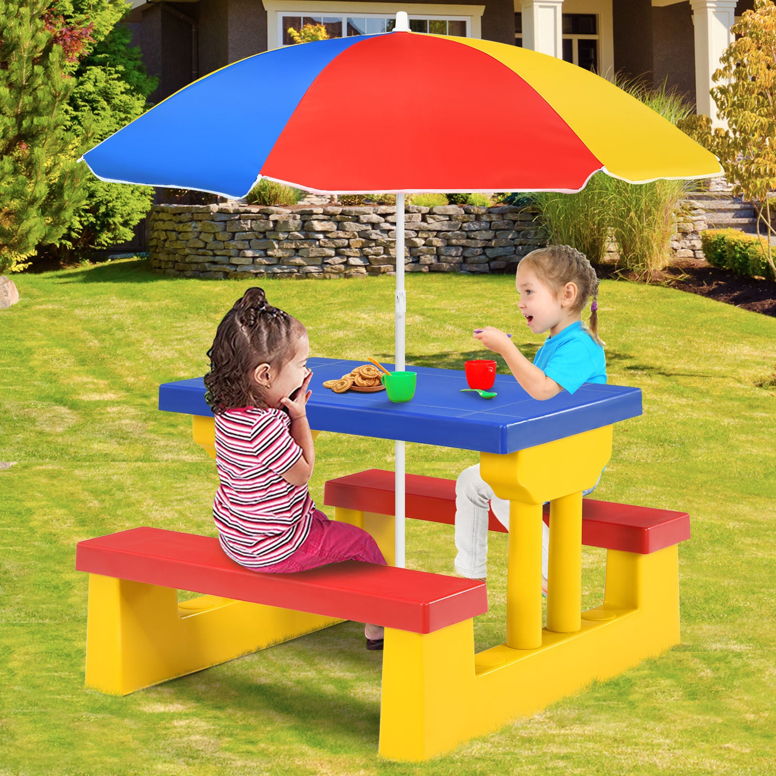 Kids Picnic Table Set with Removable Umbrella Outdoor Indoor 4-Seat Rainbow Colorful PP Toddler Garden Patio Furniture Birthday Gift