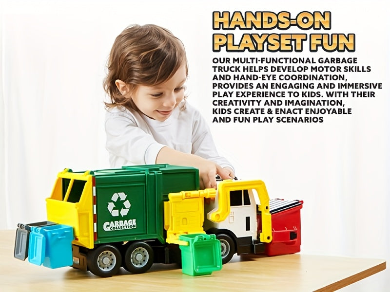 Garbage Truck Toy with Lights & Sounds – 16" Large Friction Powered Truck, Dumpster & Trash Bins, Garbage Sorting Learning Cards, Front-Load Dump Action, Birthday Gift for Kids Ages 3+