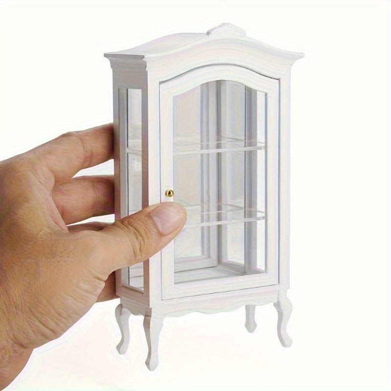 Dollhouse Display Cabinet Miniature White Wooden Hutch with Mirror 3 Glass Shelves Mini Furniture Decoration Photography Prop Wedding Scene Living Room Decor Gift