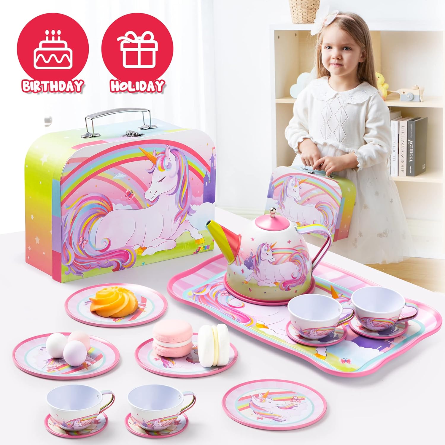 Unicorn Tea Party Set for Girls 15 Pcs Pretend Play Pink Tin Teapot Set with Carrying Case Toddler Tea Set Birthday Christmas Gift Ages 3 and Up