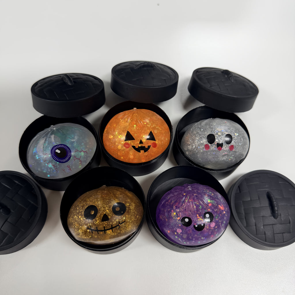 Slow Rise Squishy Squeeze Toys Halloween Glitter Mini Dumpling 3-Pack 5 Designs Sensory Fidget Party Bag Fillers Candy Jar Kids Gift