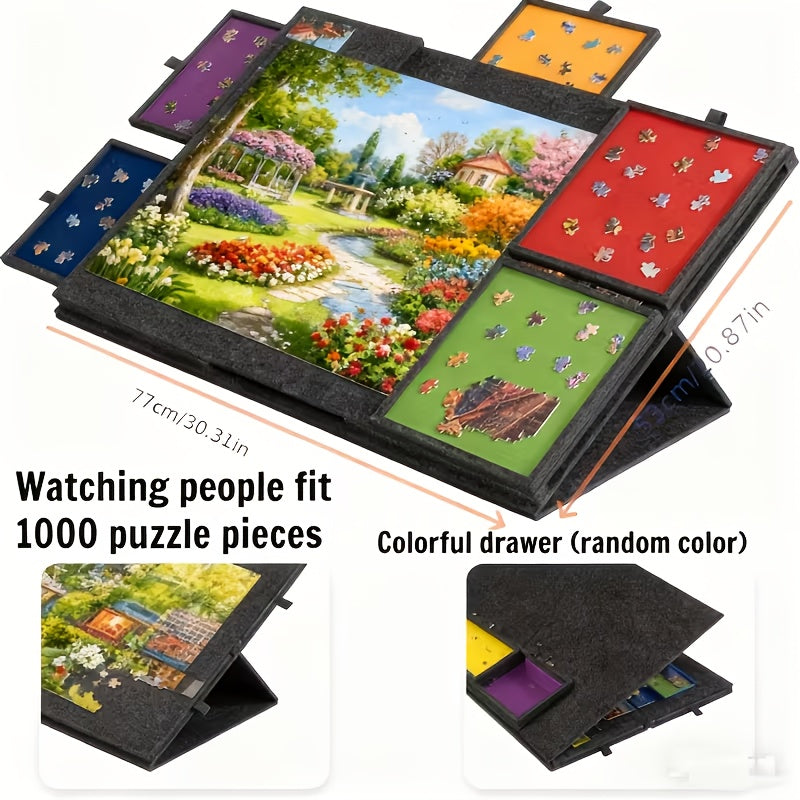 Felt Puzzle Board with 6 Colored Drawers & Tilting Stand – Portable 1000 & 1500 Piece Puzzle Table with 2-in-1 Bracket Cover for Adults