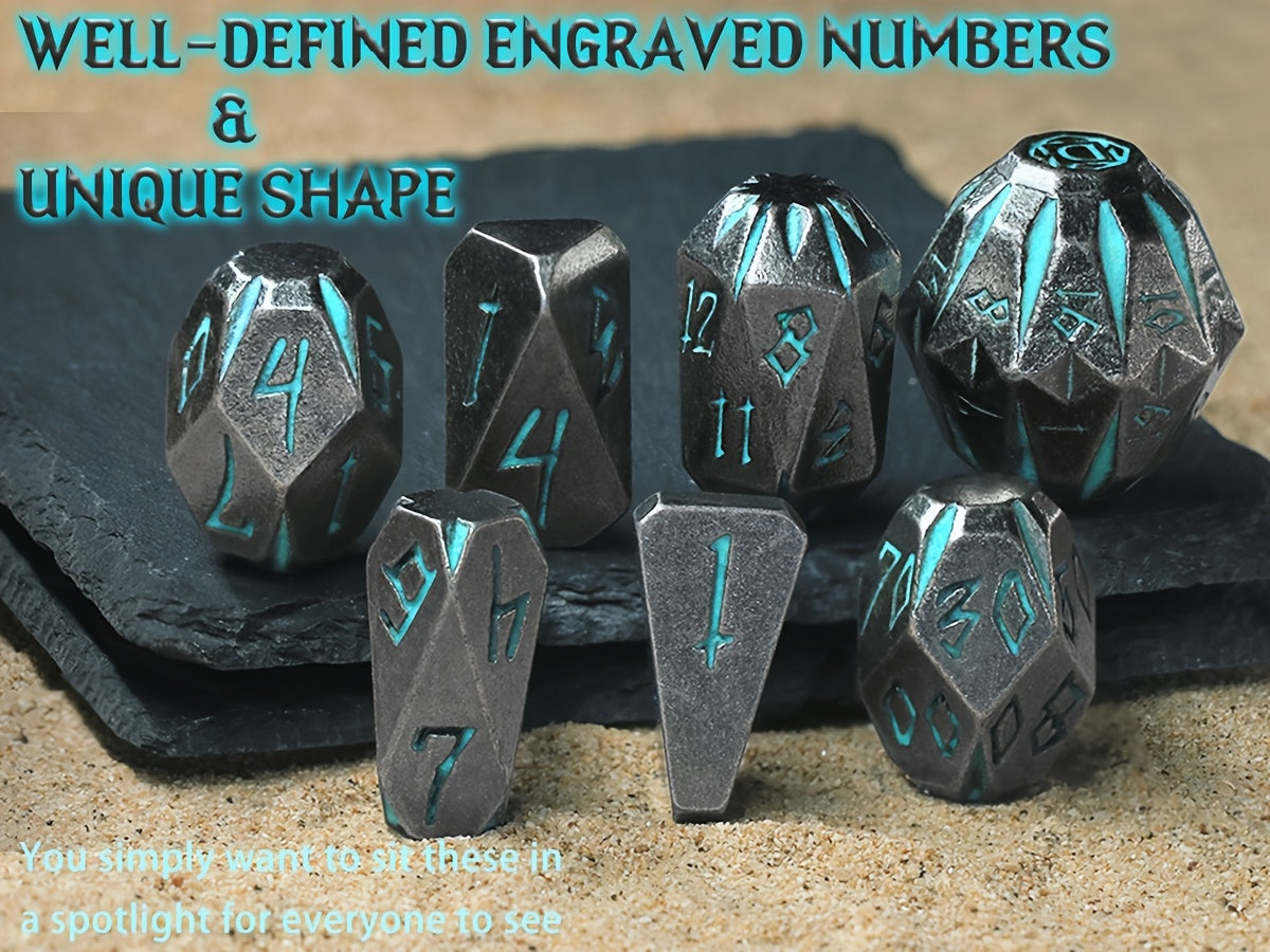 Metal DND Dice Set 7 Piece Stonehenge Themed Glow in the Dark – Zinc Alloy Heavy Polyhedral RPG Dice D4-D20 with Gift Box Blue, Dungeon Master Birthday Christmas Gift for Tabletop Gamers