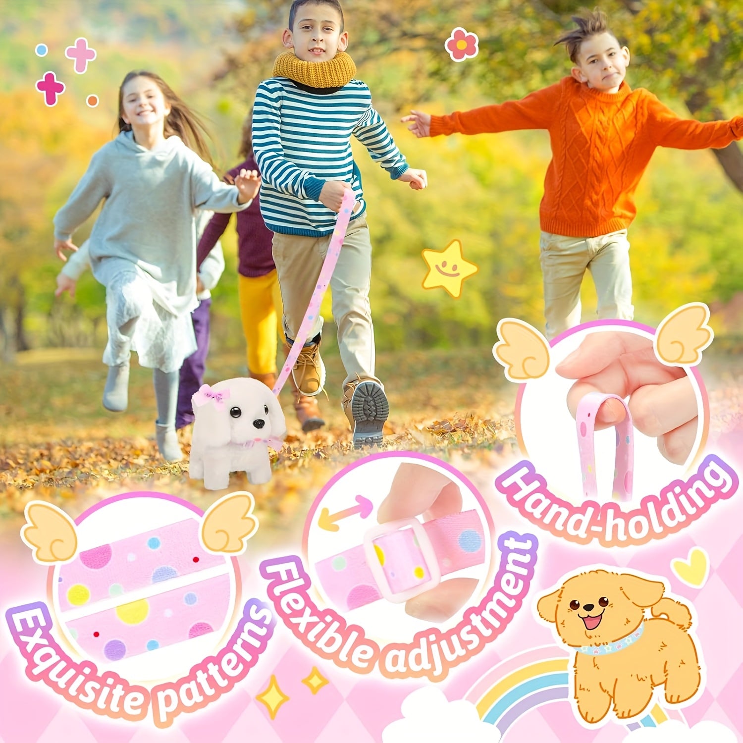 Plush Interactive Puppy Toy – Electronic Walking Barking Dog with Tail Wagging, Leash & Bow, Realistic Pet Toy for Kids, Easter Christmas Birthday Gift for Boys Girls