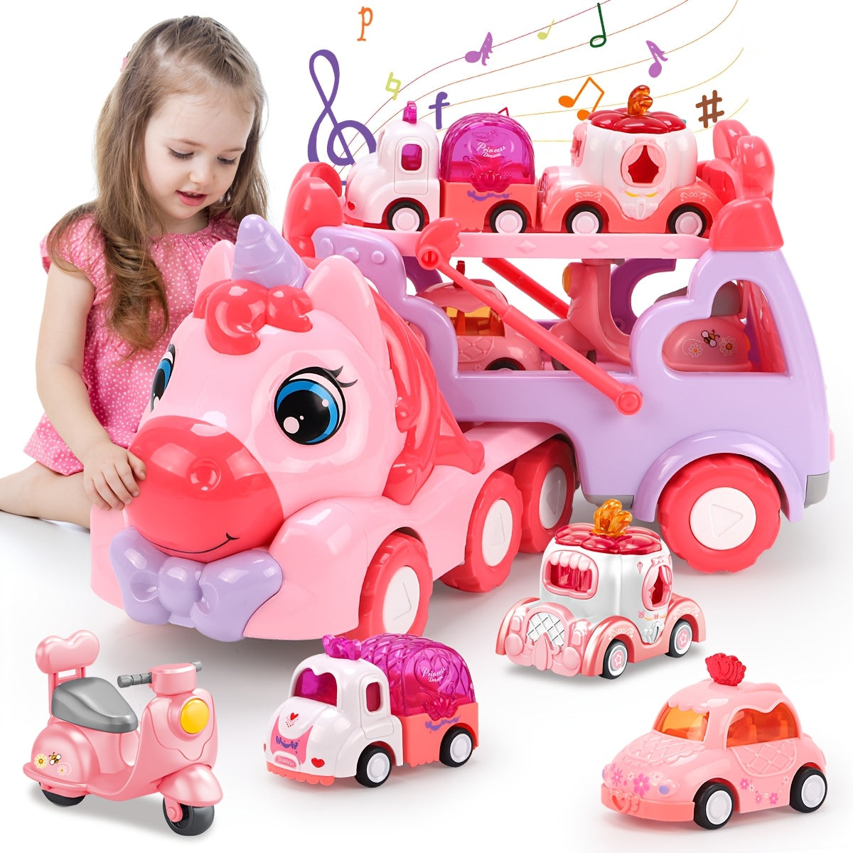 Pink Carrier Truck Toy with 4 Mini Cars Pull-Back Music Lights - Transport Vehicle Toy for Toddlers Ages 3+, Birthday Easter Gift for Boys & Girls