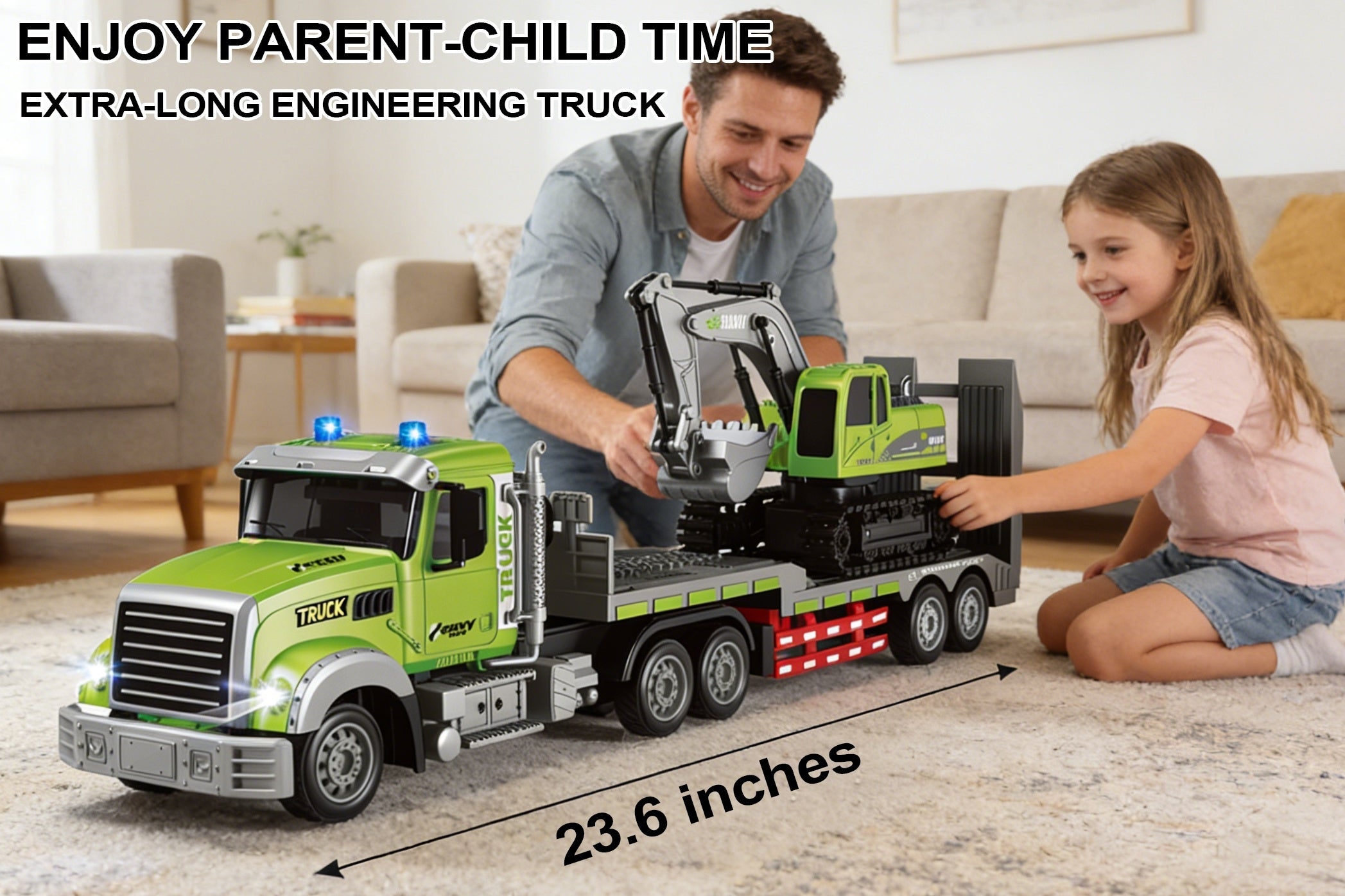 RC Semi Truck with Flatbed Trailer & Alloy Excavator 1:12 Scale 11-Channel - Construction Vehicle Set with Lights Sound, Engineering Toy Gift for Boys Ages 3+