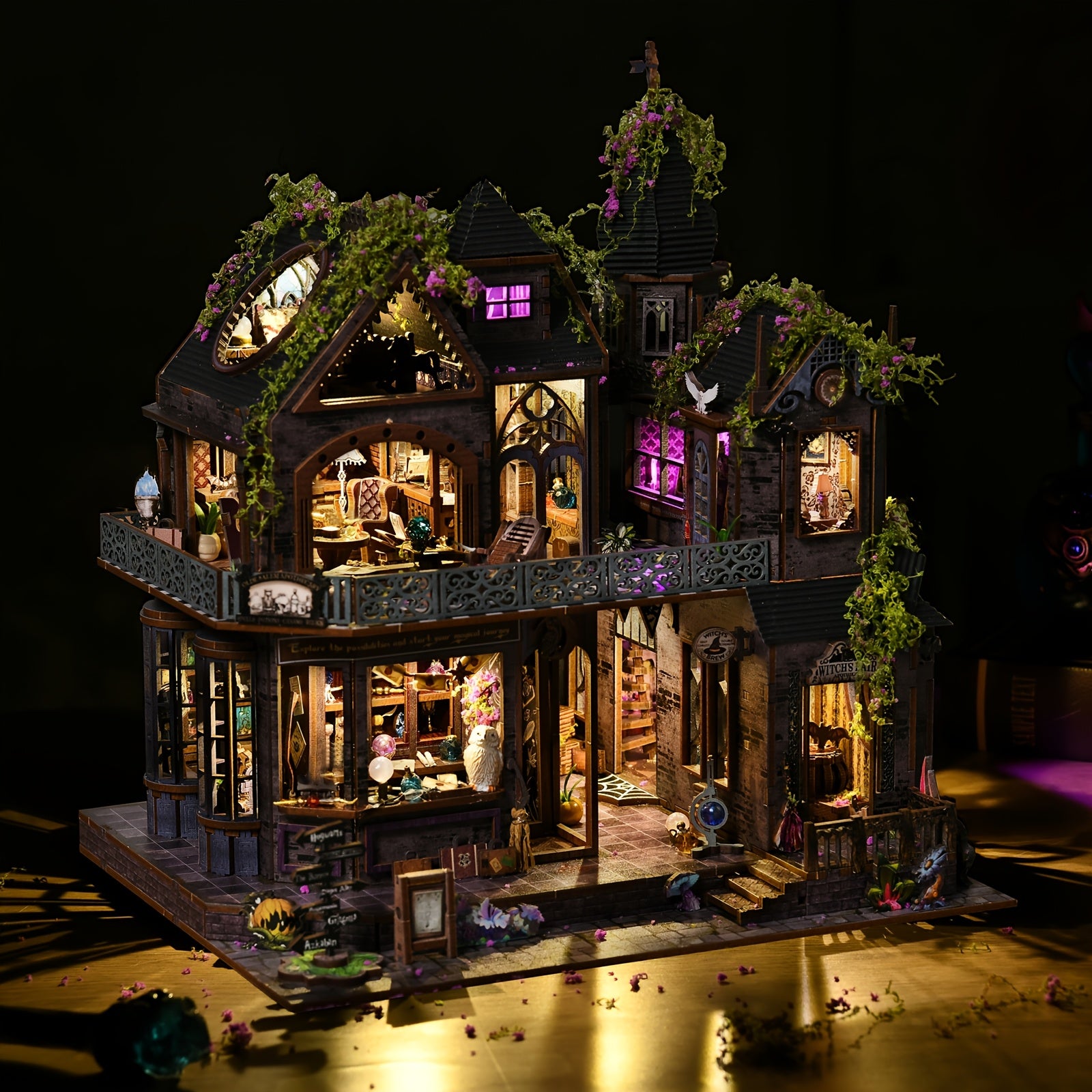 3D Wooden Puzzle Magic Castle Model Kit with LED Light – Adult Puzzle Assembly Decoration Owl Flowers Bookshelf Gift for Teens Adults