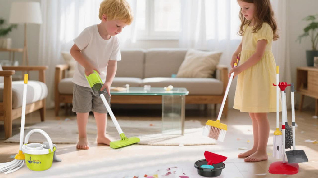 Kids Cleaning Toy Set 14 Pcs Pretend Play Housekeeping Playset with Electric Vacuum That Really Works Broom Dustpan Mop Birthday Gift Girls Boys