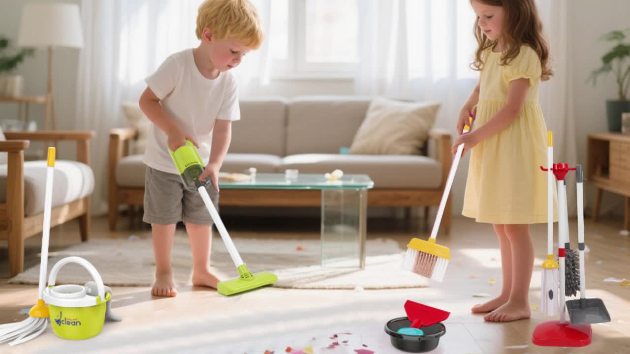 Kids Cleaning Toy Set 14 Pcs Pretend Play Housekeeping Playset with Electric Vacuum That Really Works Broom Dustpan Mop Birthday Gift Girls Boys