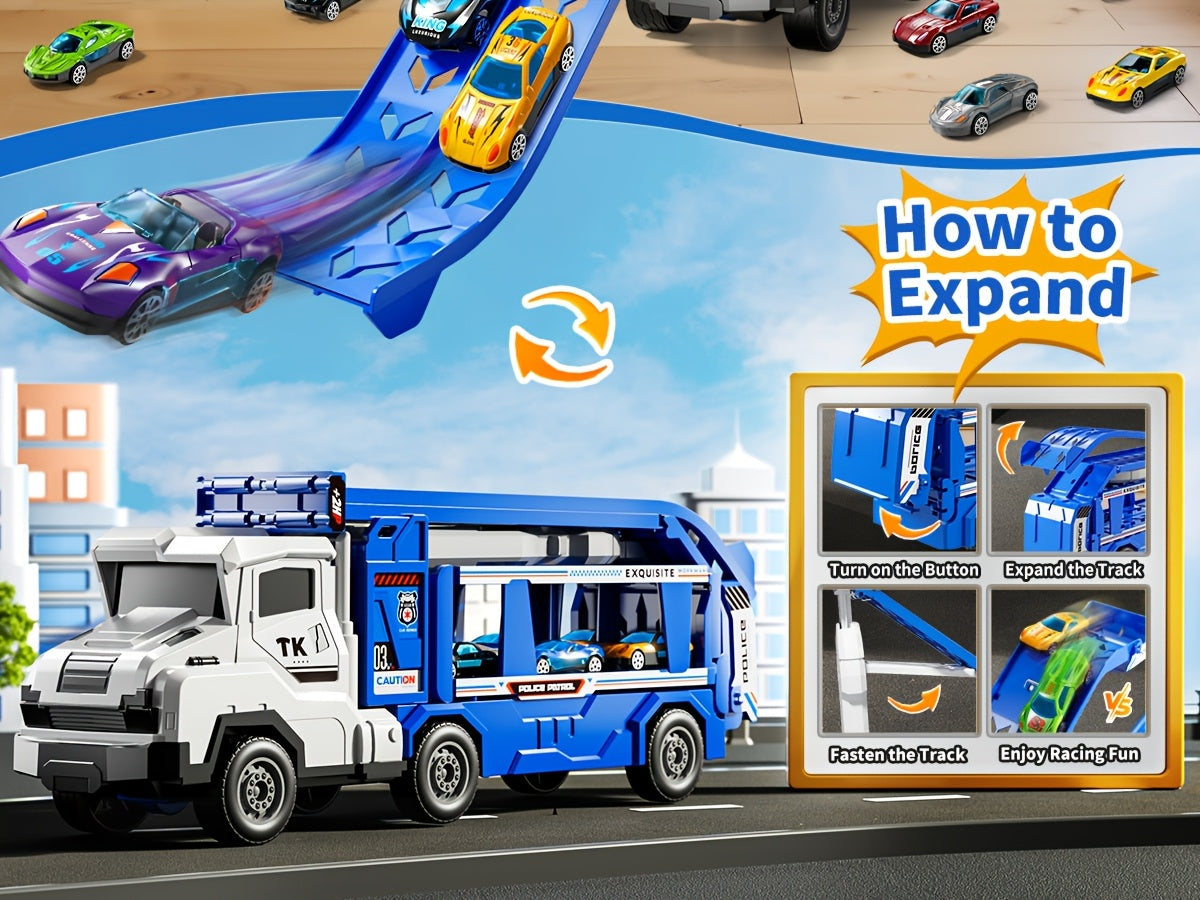 3-in-1 Kids Carrier Truck Toy with Car Tracks, 12 Racing Cars, Foldable Race Track & Garage – Toddler Birthday Gift for Boys Girls Ages 3+, Blue