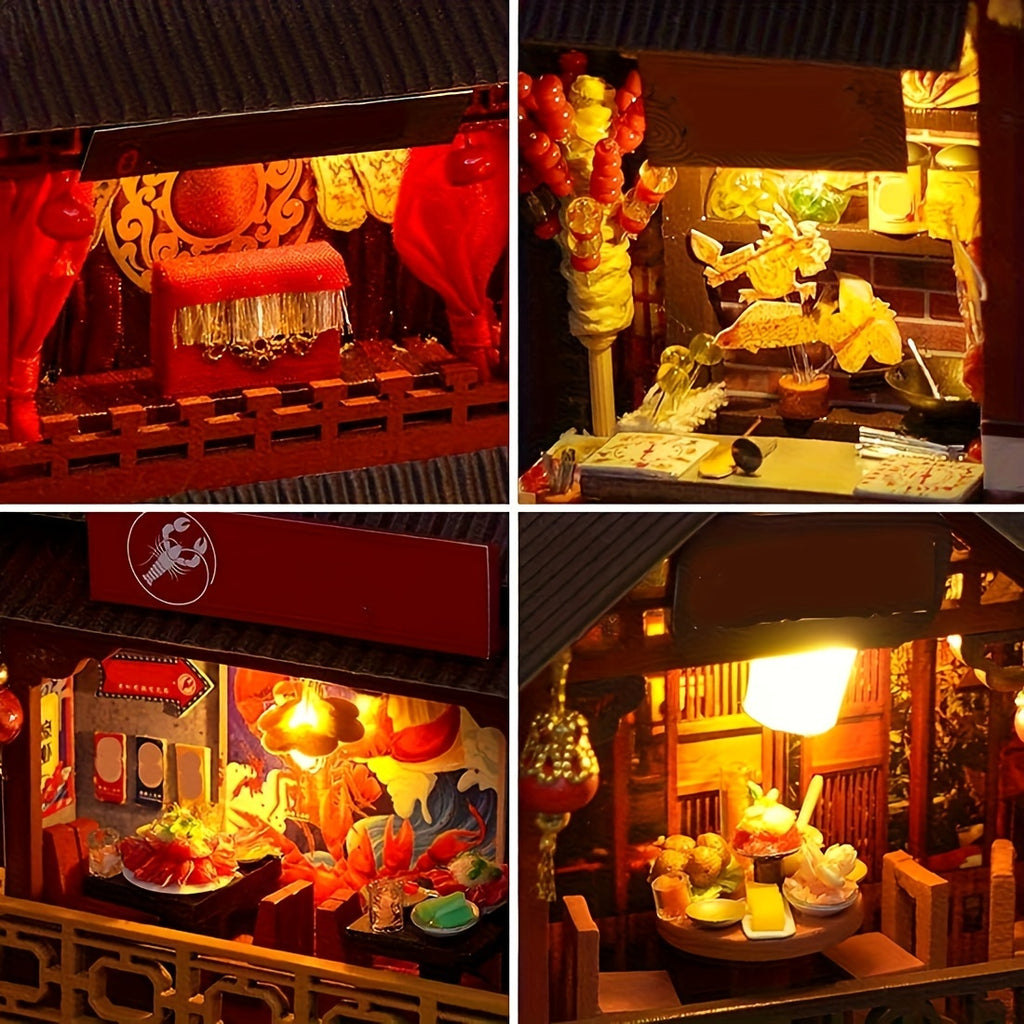 Book Nook Kit DIY Miniature Chinese Food Street – 3D Wooden Puzzle Bookshelf Insert Dollhouse Home Decor Gift for Teens Adults Birthday Christmas No Glue No Battery