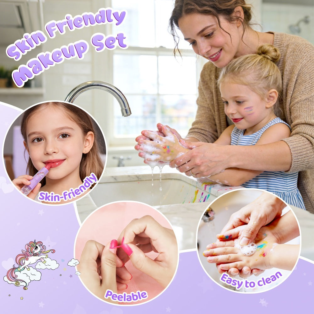 Kids Makeup Set for Girls – Non-Toxic Washable Pretend Cosmetic Kit with Nail Polish, Jewelry & Hair Accessories, Princess Dress-Up Gift Ages 3-8