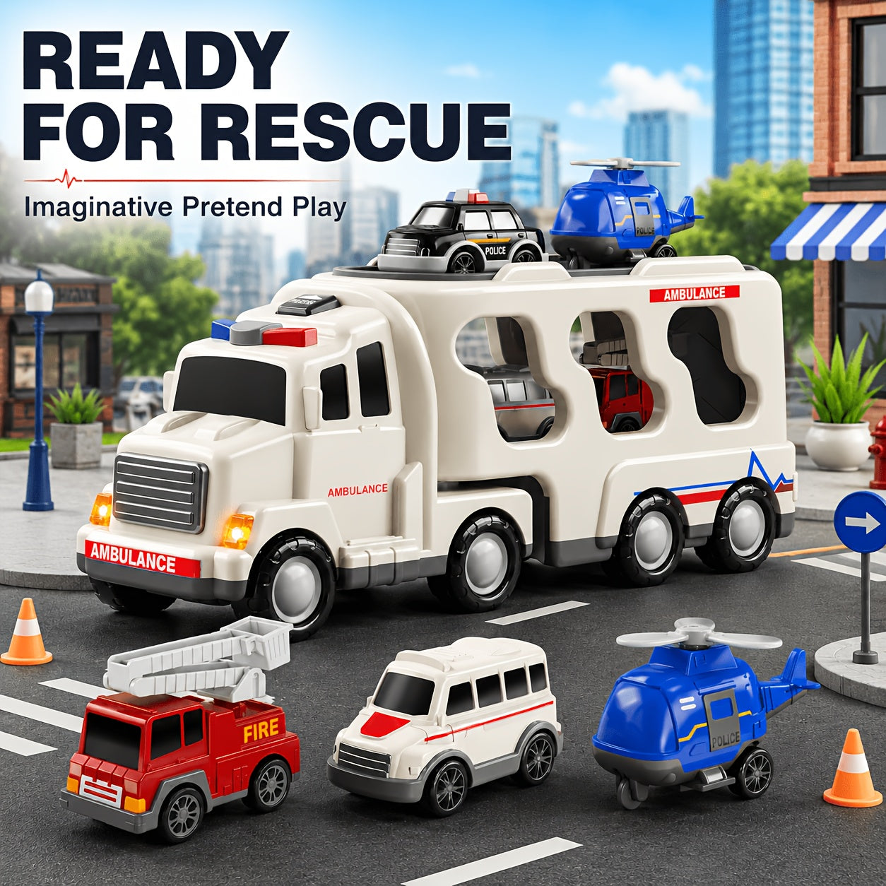 5-in-1 Emergency Vehicle Toy Set with Lights & Sounds – Friction Power Ambulance, Police Car, Fire Truck & Rescue Helicopter for Kids