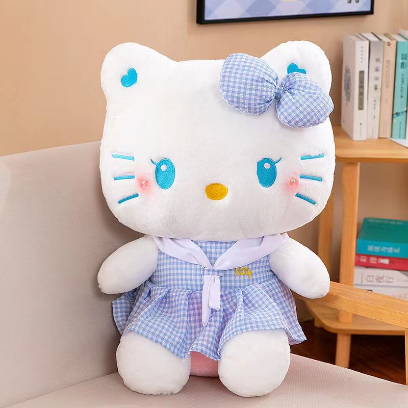Hello Kitty Dress-Up Plush Stuffed Toy 13.78 Inch – Oversized Sanrio KT Cat Soft Doll, Home Decor Plushie, Birthday Gift for Girls, Pink Plaid & Blue Plaid