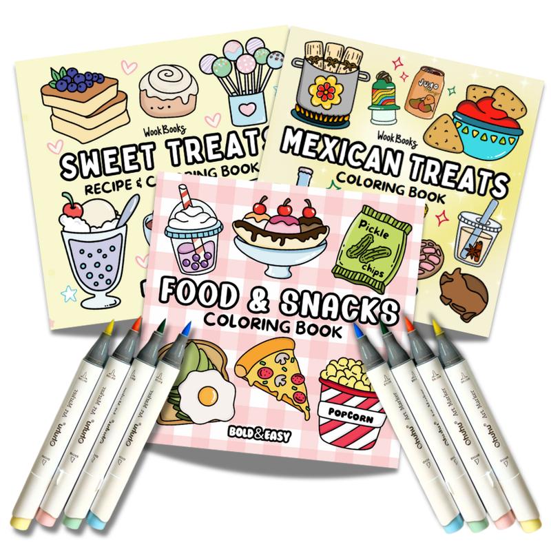 Coloring Book and Marker Bundle by Wook Books, 3 Bold and Easy Books with 8 Mystery Ohuhu Brush-Tip Alcohol Markers, Protective Sheet and Sticker Gifts