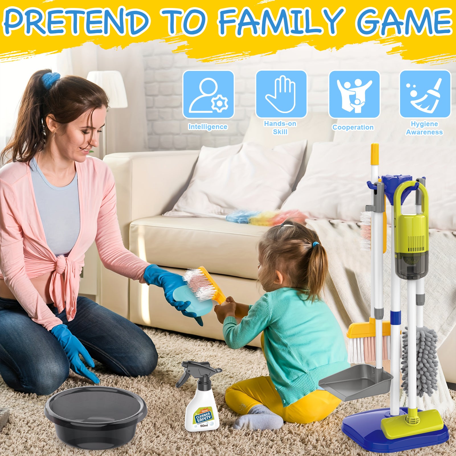 Kids Cleaning Toy Set 14 Pcs Pretend Play Housekeeping Playset with Electric Vacuum That Really Works Broom Dustpan Mop Birthday Gift Girls Boys