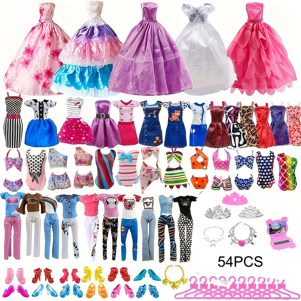 54pcs Doll Clothes & Accessories Set for 11-12 Inch Fashion Dolls – Bridal Gowns, Evening Dresses, Swimsuits, Shoes, Glasses & Hangers, Complete Wardrobe Gift for Girls Ages 3+, Random Color