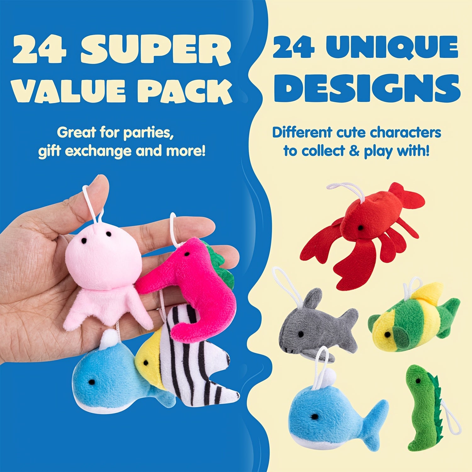 24PCS Sea Animal Plush Toys Bulk with Keychains – 24 Different Ocean Animals 2.5-3 Inch, Birthday Party Favors, Pinata Fillers, Goodie Bag Stuffers, Carnival Prizes, Easter Basket Fillers for Kids