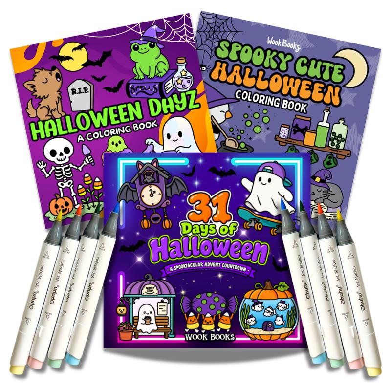 Coloring Book and Marker Bundle by Wook Books, 3 Bold and Easy Books with 8 Mystery Ohuhu Brush-Tip Alcohol Markers, Protective Sheet and Sticker Gifts