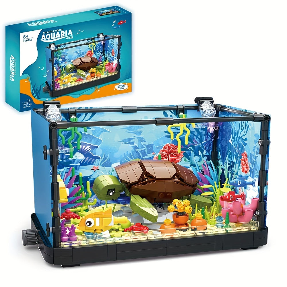 Building Block Aquarium Set with Marine Turtle & Fish Tank – Creative Ocean Animal Model Building Toy, STEM Construction Gift for Kids Boys Girls Home Decor