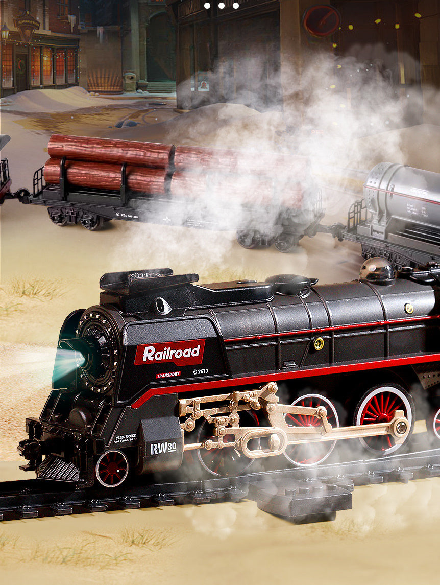 T627A Retro Steam Train Set with LED Lights, Smoke Spray & Realistic Sound Effects – 7-Piece USB Rechargeable Electric Train Toy Gift