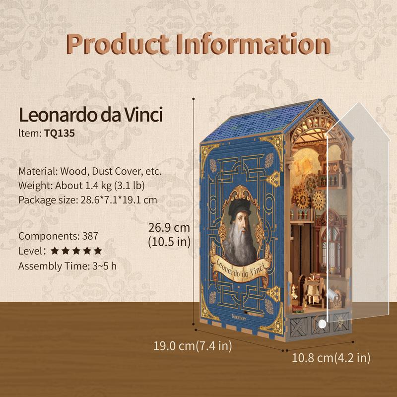 Leonardo da Vinci Book Nook Kit by Tonecheer, DIY 3D Wooden Puzzle Bookshelf Insert with LED Lights and Dust Cover for Adult Craft Gifts