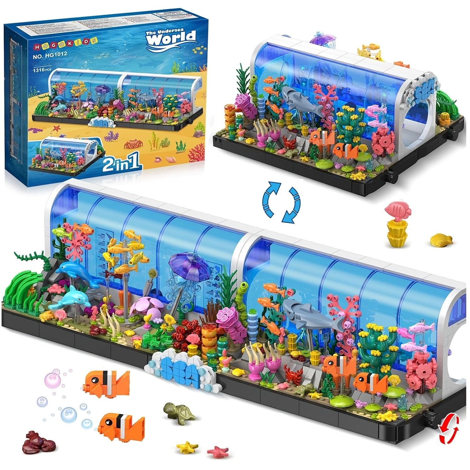 Aquarium Building Block Set 1316 Pieces for Adults, 2-in-1 Oceanarium Underwater Ocean World ABS Brick Model Kit, Creative Home Decoration Display, Unique Valentine's Day Birthday Anniversary Gift for Him Her