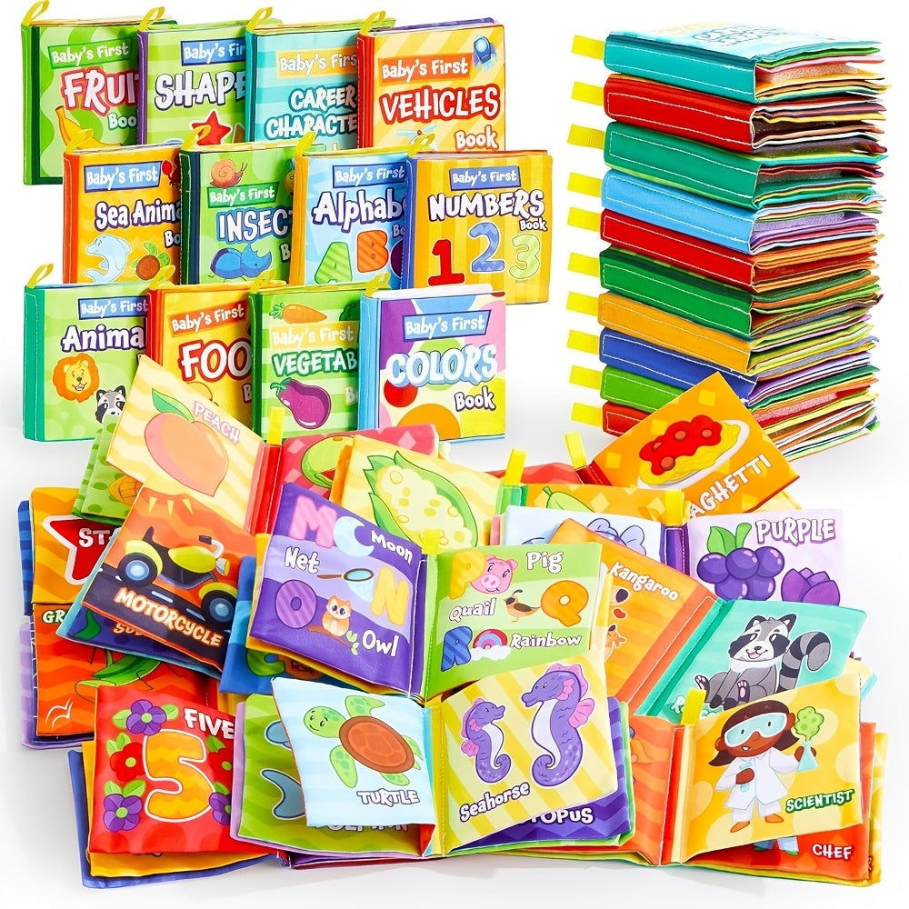 Baby Soft Cloth Books Set 12 Pack - Crinkle Fabric Bath Books for Infant Newborn Toddler, Non-Toxic Washable First Books with 12 Themes, Early Learning Sensory Toy, Baby Shower Birthday Christmas Gift
