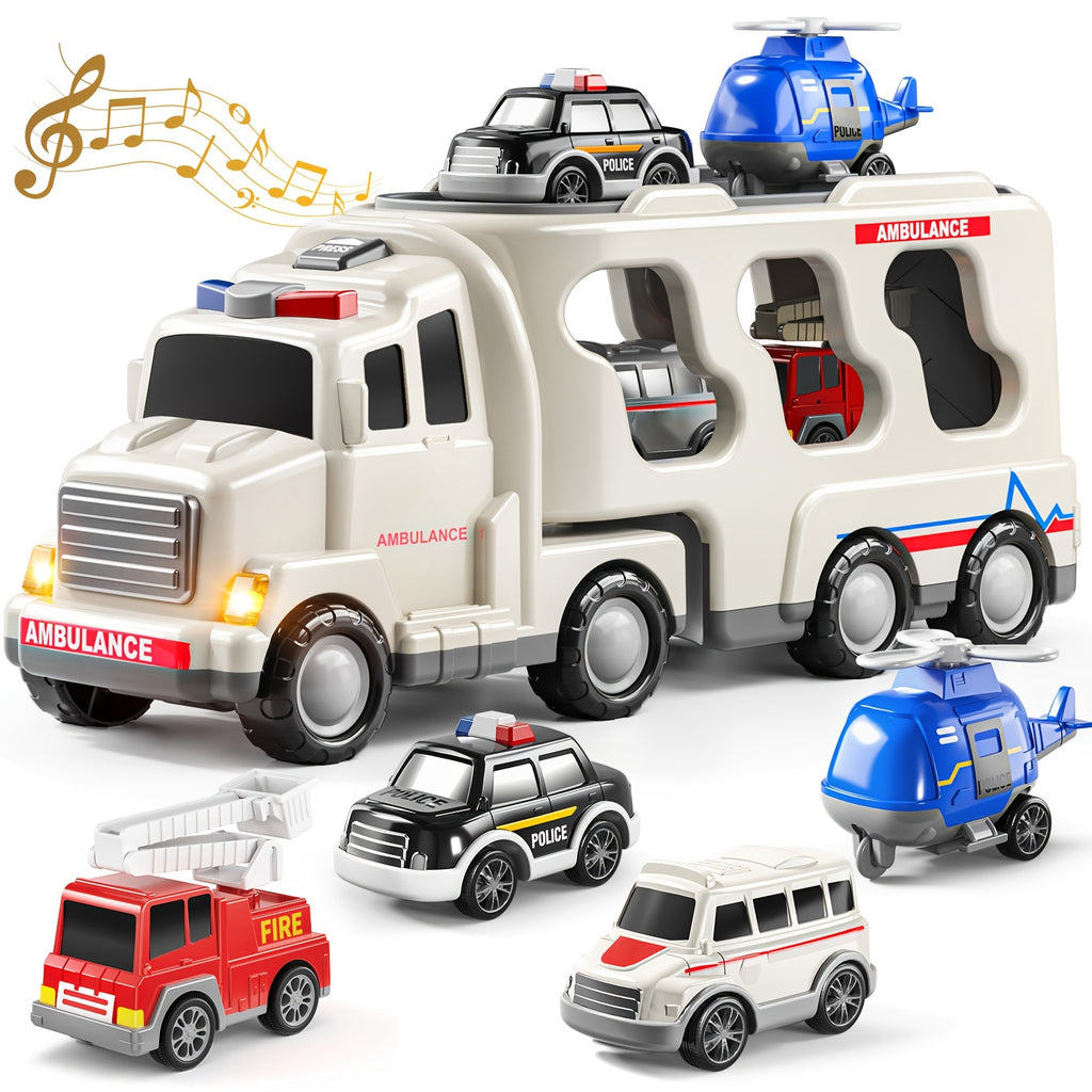 5-in-1 Emergency Vehicle Toy Set with Lights & Sounds – Friction Power Ambulance, Police Car, Fire Truck & Rescue Helicopter for Kids