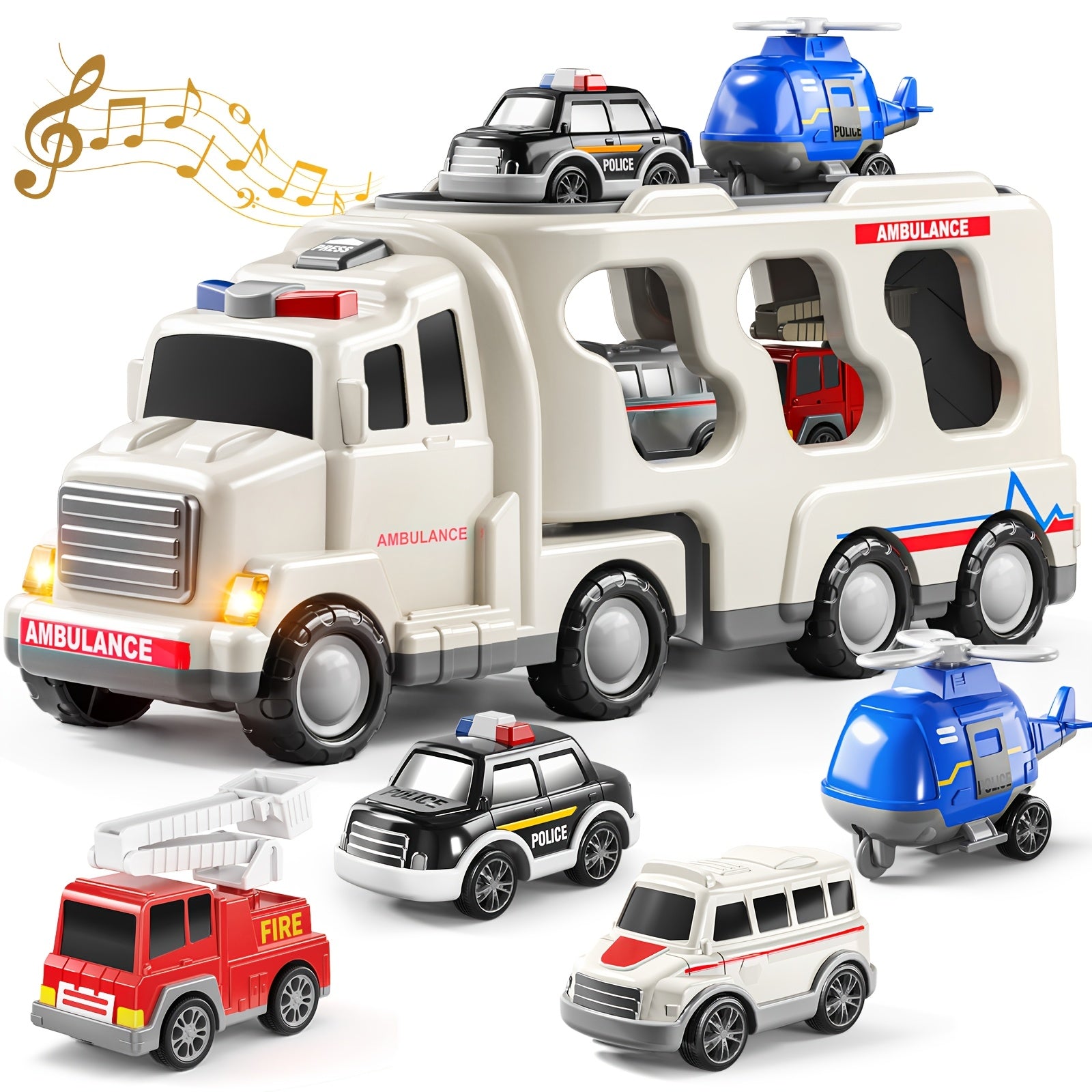 5-in-1 Emergency Vehicle Toy Set with Lights & Sounds – Friction Power Ambulance, Police Car, Fire Truck & Rescue Helicopter for Kids