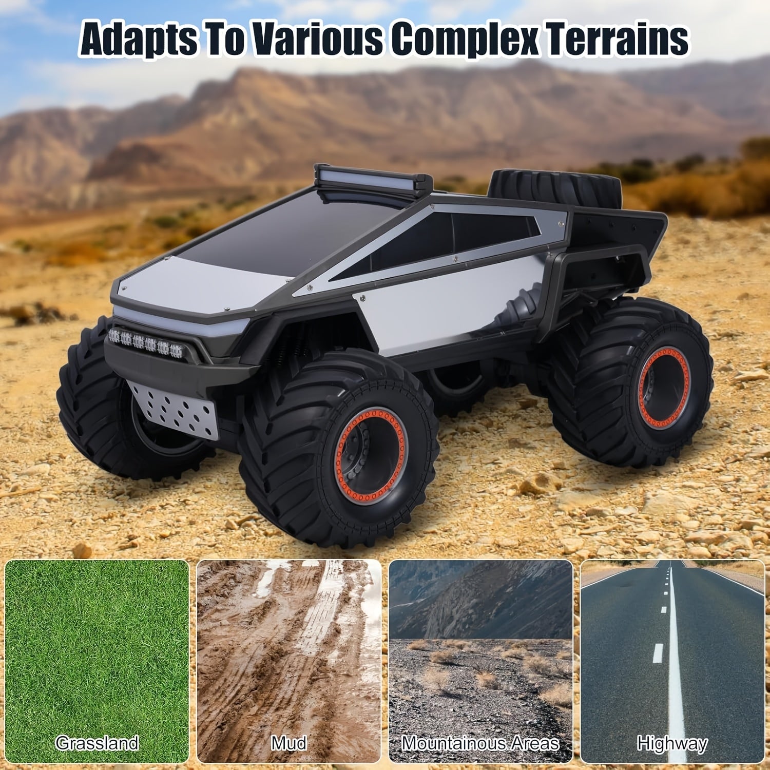 1:12 RC Monster Truck 4WD All-Terrain 2.4GHz Remote Control Car LED Lights Sound Music Ergonomic Grip Cybertruck Pickup Style Off-Road Kids Boys Birthday Christmas Gift