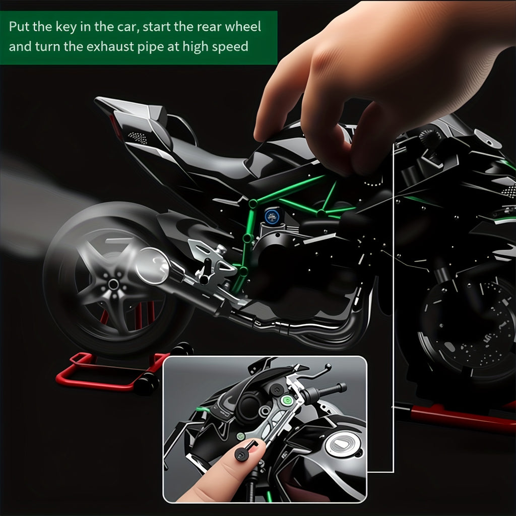 Die-Cast Motorcycle Model with Realistic Sound Effects & Exhaust Spray – 1:6 Scale Alloy Replica with LED Lights, Rotating Wheels & 8 Accessories, Collector Gift for Motorcycle Enthusiasts