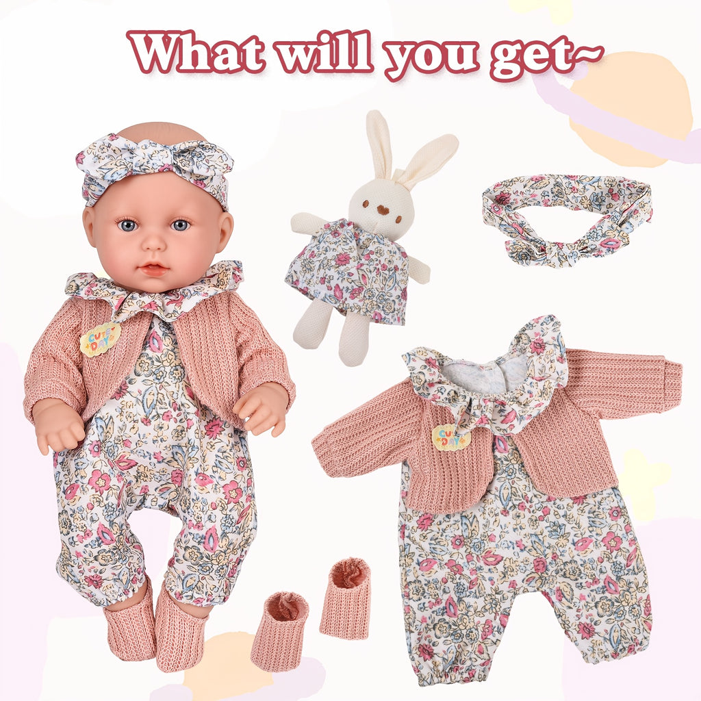 12 Inch Dress-Up Baby Doll Set with Floral Clothes Headscarf Socks & Toy Rabbit – Vinyl Girl Doll Playset for Kids Ages 3+ Birthday Christmas Gift (Beige & Pink)