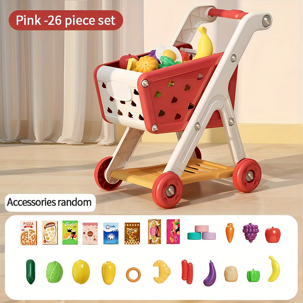 Kids Grocery Shopping Cart Toy Set Pretend Play with Pretend Food Accessories Wheels Toddler Girls Boys Christmas Birthday Gift