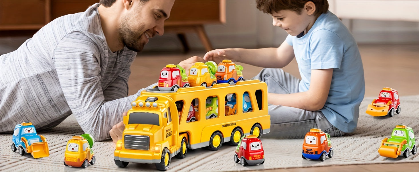 Transport Carrier Truck Toy 16.9 Inch with 6 Mini Cars Lights Sounds Construction Vehicle Playset for Kids Boys Girls Toddlers Ages 3+ Birthday Christmas Gift