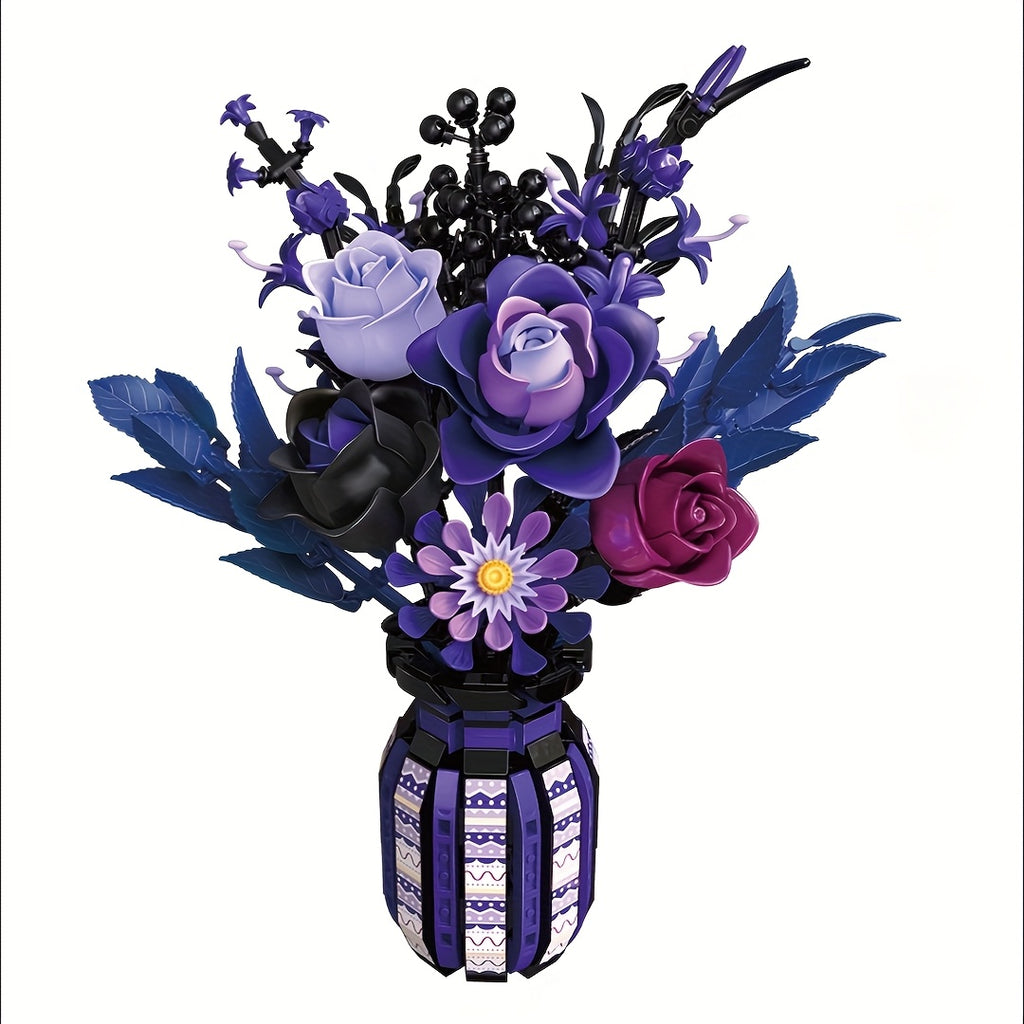 Flower Bouquet Building Blocks 1218pcs Gothic DIY Floral Vase Kit – Artificial Flower Arrangement for Home & Office Decor – Birthday Valentine Mother's Day Christmas Gift for Women
