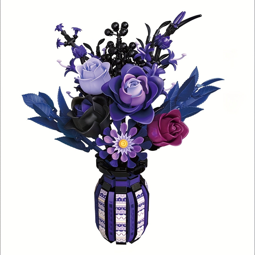 Flower Bouquet Building Blocks 1218pcs Gothic DIY Floral Vase Kit – Artificial Flower Arrangement for Home & Office Decor – Birthday Valentine Mother's Day Christmas Gift for Women