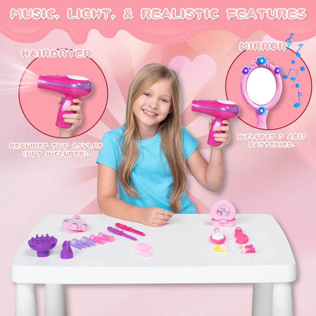 Girls Beauty Salon Set 17pcs Pretend Play Hair Stylist Toy Kit with Hairdryer Mirror Curling Iron Kids Ages 3+ Birthday Christmas Gift