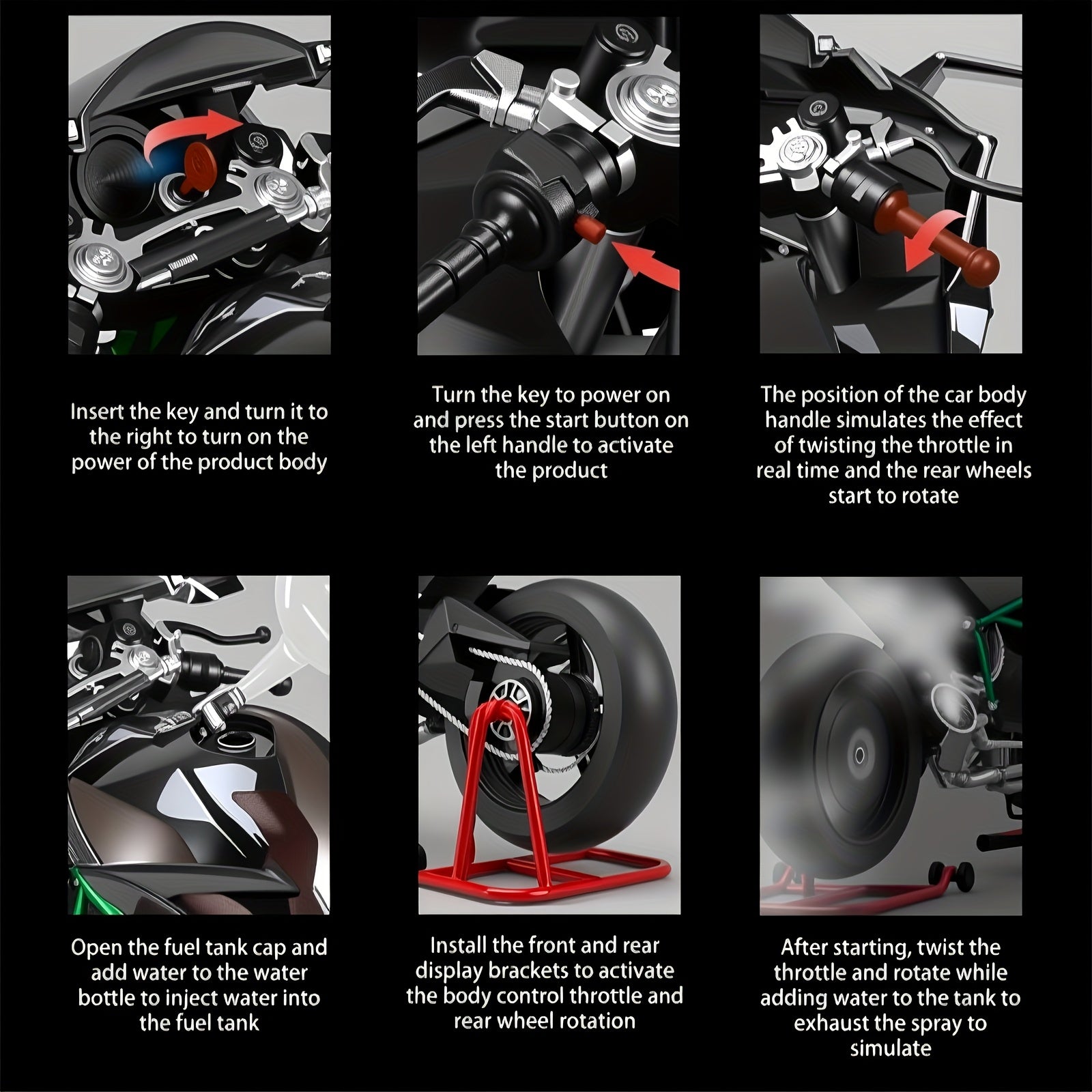 Die-Cast Motorcycle Model with Realistic Sound Effects & Exhaust Spray – 1:6 Scale Alloy Replica with LED Lights, Rotating Wheels & 8 Accessories, Collector Gift for Motorcycle Enthusiasts