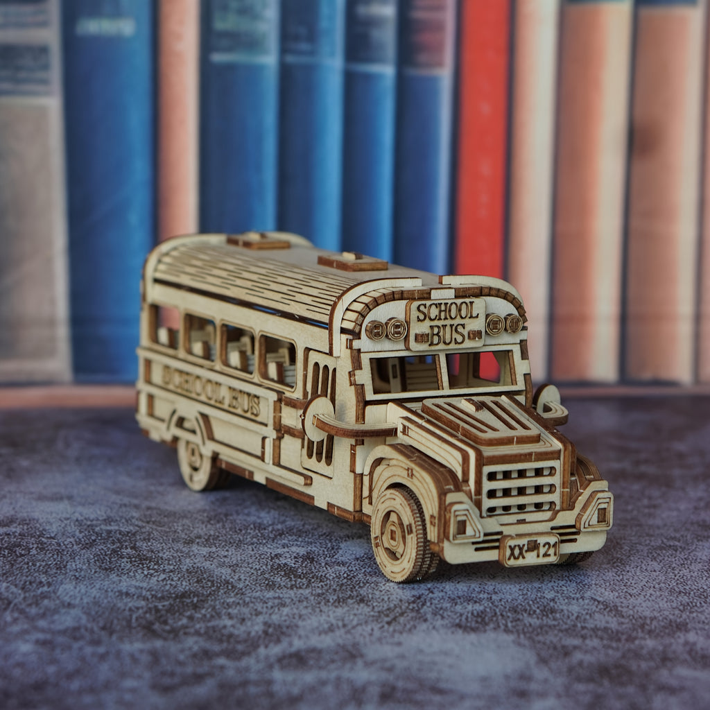 3D Wooden Puzzle School Bus Model – DIY Handmade American-Style Yellow Plywood Bus Kit, Creative Building Toy for Teens and Adults, Birthday Halloween Christmas Thanksgiving Gift