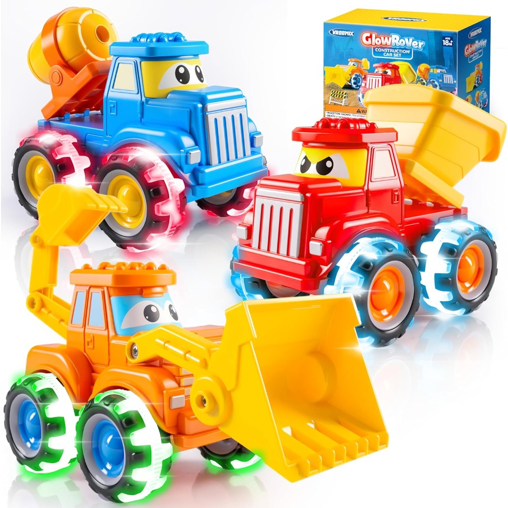 Monster Truck Toys for Toddlers 3 Pack with LED Light Up Wheels – Friction Powered Construction Cars Bulldozer Dump Truck Concrete Mixer