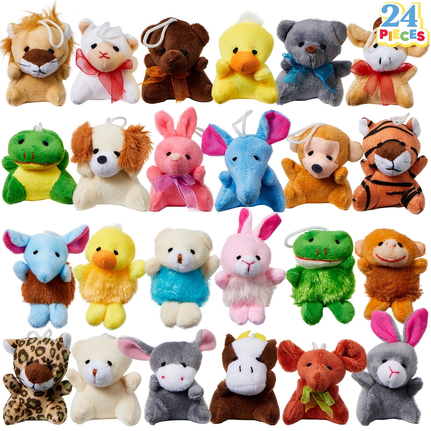 Mini Stuffed Animal Keychain Set 24 Pcs – Soft Plush Animal Figures with Lanyard, Easter Egg Stuffers, Party Favors, Classroom Prizes, Carnival Rewards & Bulk Birthday Gifts for Kids