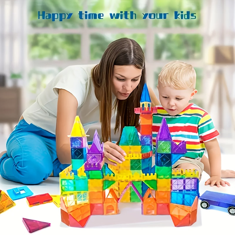 Magnetic Tiles 120pcs with 2 Cars STEM Building Set - Educational Magnet Puzzle Stacking Blocks Architecture Toy for Boys Girls Ages 3+
