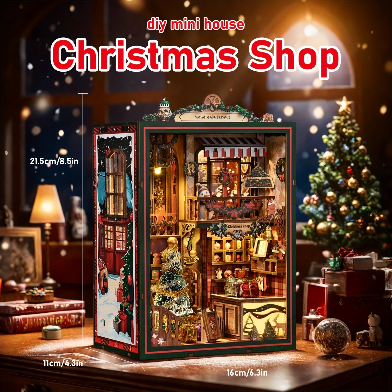 Christmas Shop Book Nook Kit – 3D Wooden Miniature House DIY Bookshelf Insert for Adults & Teens, Cozy Holiday Tiny House Craft, Christmas & New Year Gift, Home Decor