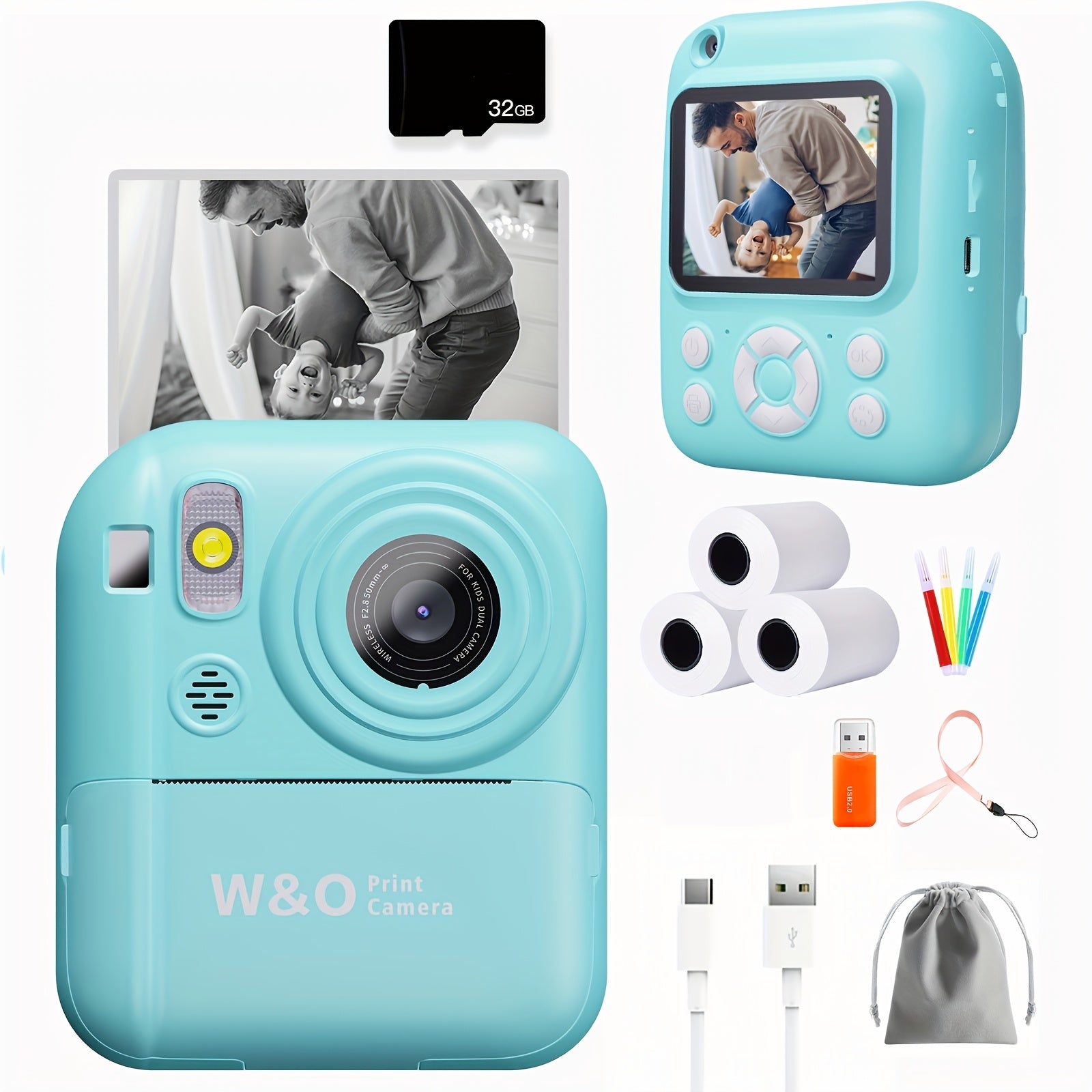 Kids Instant Print Camera 3-in-1 with MP3 Player & Puzzle Games - 2.4'' HD Screen Portable Digital Camera Toy with Print Paper 32GB Card Reader Lanyard Storage Bag Birthday Gift for Girls Boys