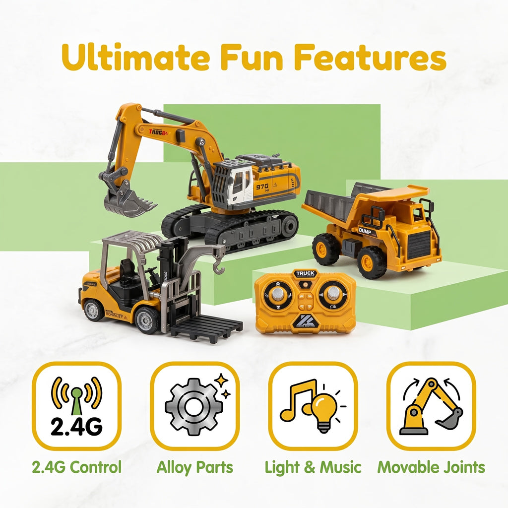 1:64 RC Construction Vehicle Set – 9-Channel Alloy Dump Truck, Forklift & Excavator with 2.4GHz Remote, Diecast Metal Body Mini Desk Toys
