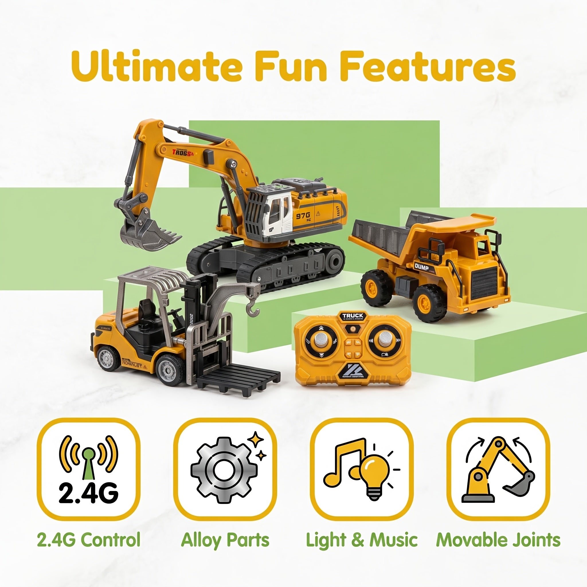 1:64 RC Construction Vehicle Set – 9-Channel Alloy Dump Truck, Forklift & Excavator with 2.4GHz Remote, Diecast Metal Body Mini Desk Toys